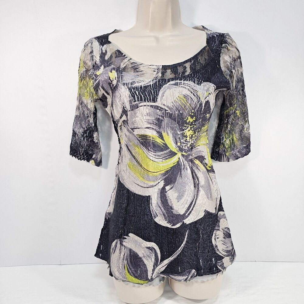 Komarov Crinkle Floral Scoop Neck 3/4 Sleeve Blouse Sheer Lace Detail Sz M Boho